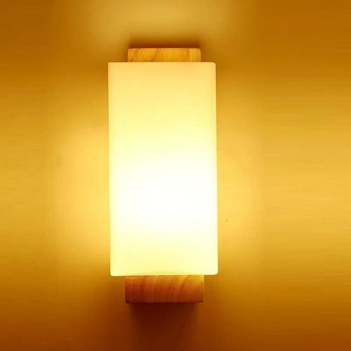Modern wooden wall light with night light and frosted shade