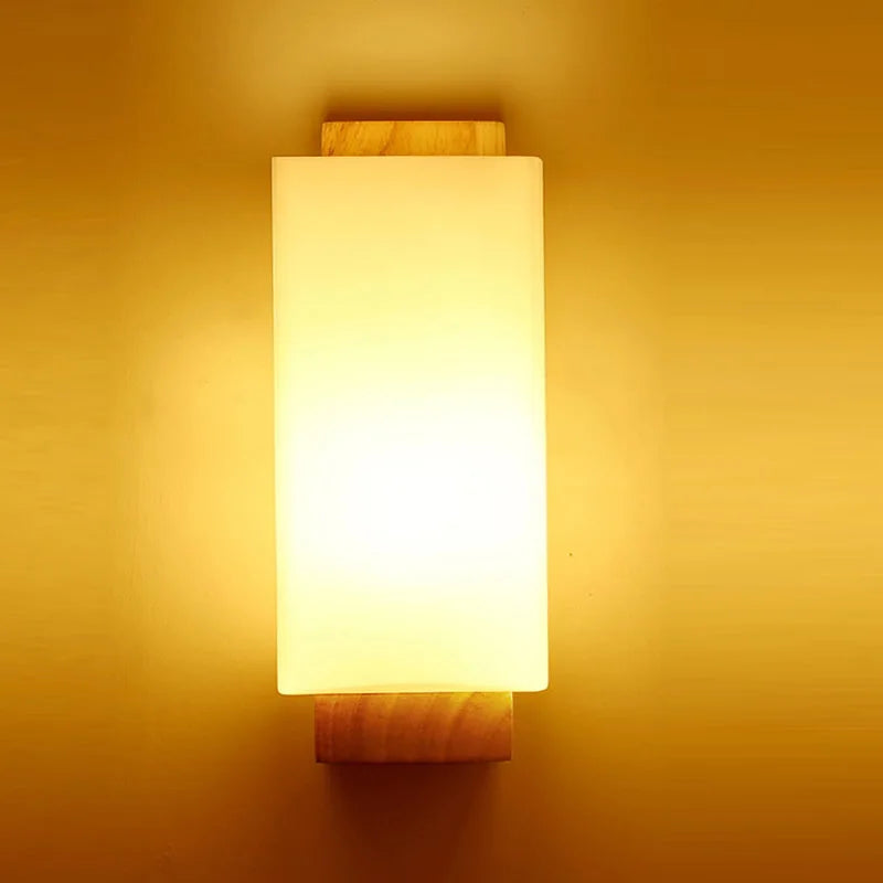 Modern wooden wall light with night light and frosted shade