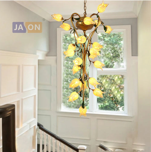 Nordic iron pendant light with glass lily, tulip and camellia for decorative lighting - vue 3 sur 12