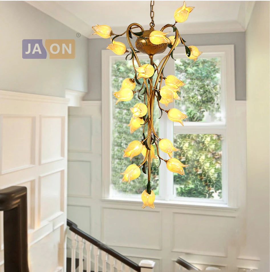 Nordic iron pendant light with glass lily, tulip and camellia for decorative lighting