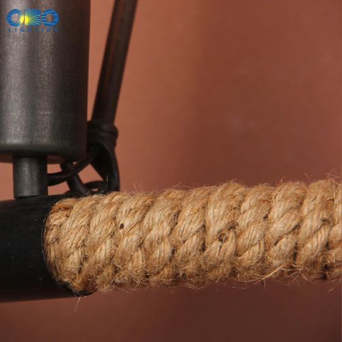 Vintage hemp rope and iron double head wall light - vue 5 sur 6