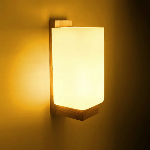 Modern wooden wall light with night light and frosted shade - vue 2 sur 7