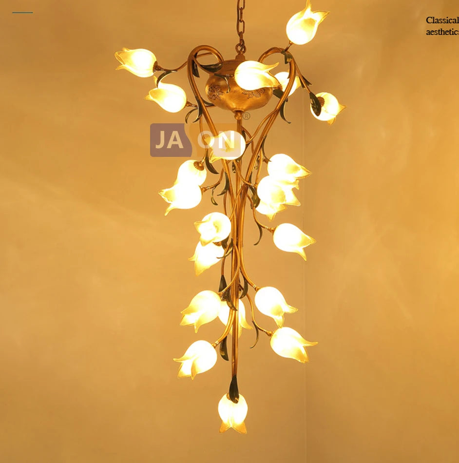 Nordic iron pendant light with glass lily, tulip and camellia for decorative lighting - vue 4 sur 12