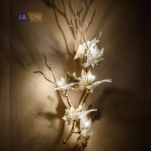 Modern g4 LED copper and glass lamp with maple leaves - vue 6 sur 6