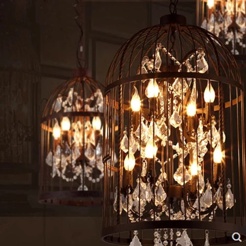 American vintage iron chandelier with bird cage and crystals - vue 6 sur 6