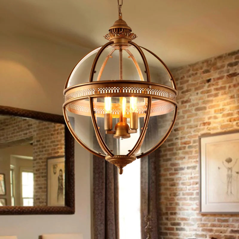 Vintage wrought iron and glass pendant light for café, restaurant, bar