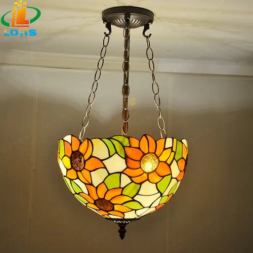 Tiffany glass sunflower chandelier for retro decor - vue 3 sur 5