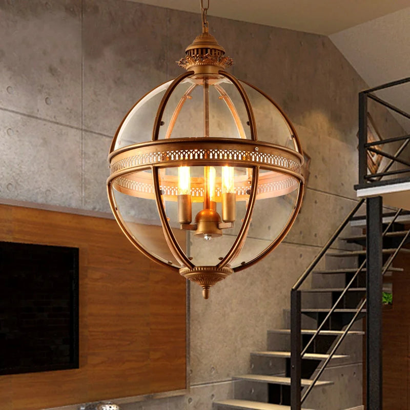 Vintage wrought iron and glass pendant light for café, restaurant, bar