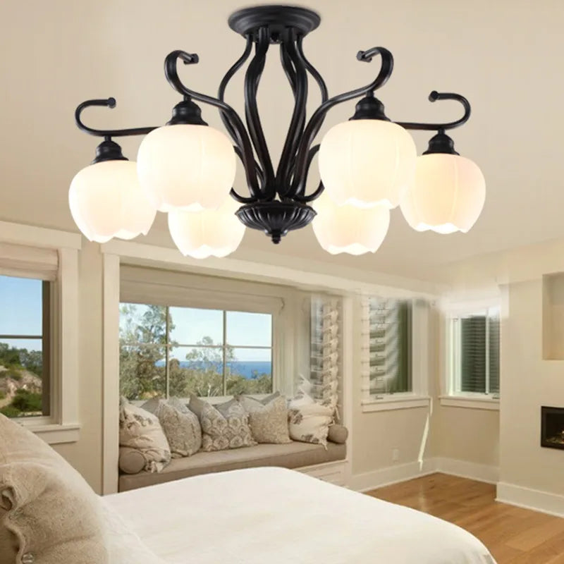 Vintage wrought iron ceiling light with elegant glass shade - vue 5 sur 8