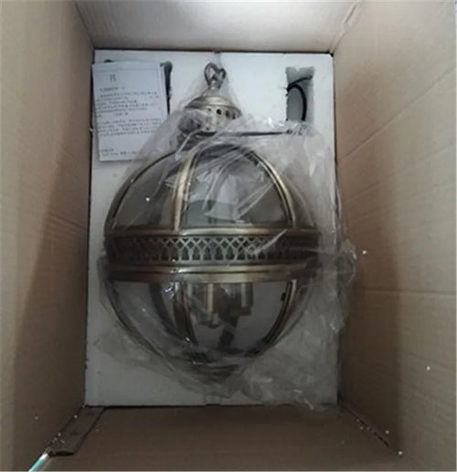 Vintage wrought iron globe pendant light with glass shade - vue 7 sur 8