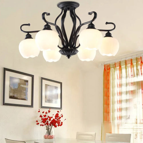 Vintage wrought iron ceiling light with elegant glass shade - vue 4 sur 8