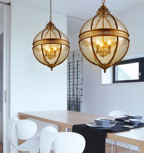 Vintage wrought iron globe pendant light with glass shade - vue 6 sur 8