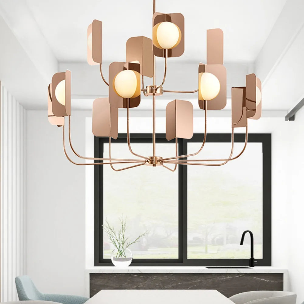 Metal chandelier with leaves and luxurious milky glass lighting