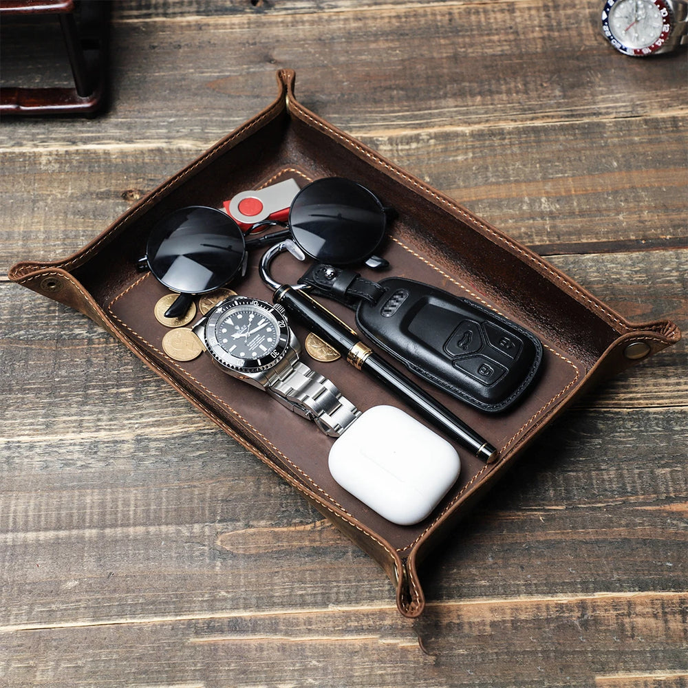 Genuine leather foldable storage trays for office and keys