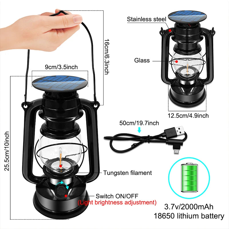 Outdoor hanging antique metal solar lantern with USB charging - vue 4 sur 7