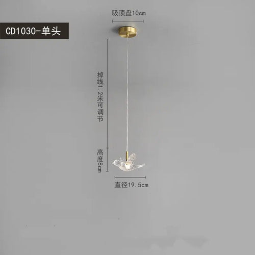 Modern bird pendant light in copper and acrylic