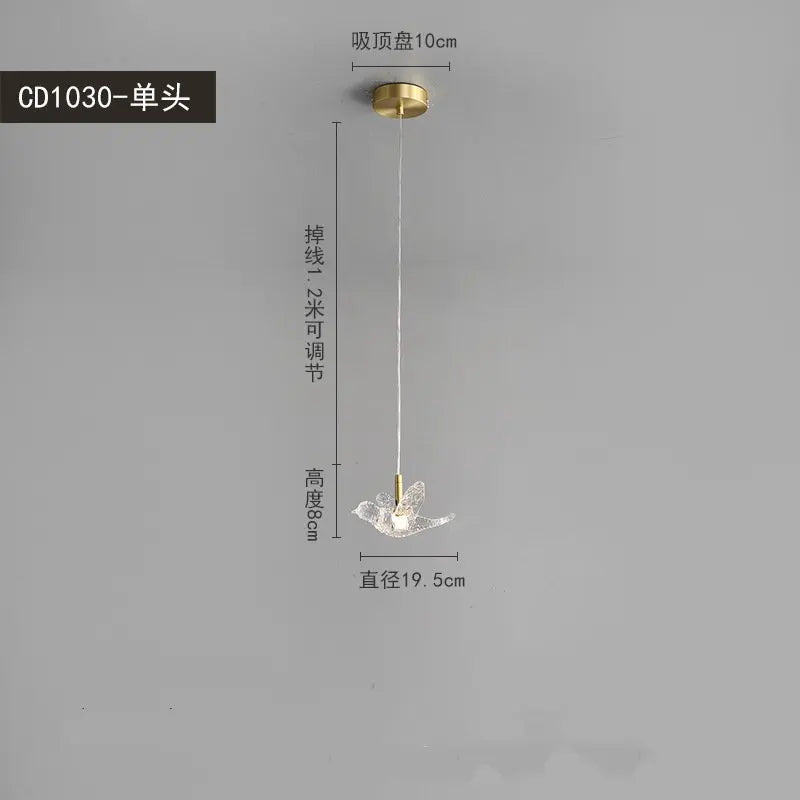 Modern bird pendant light in copper and acrylic