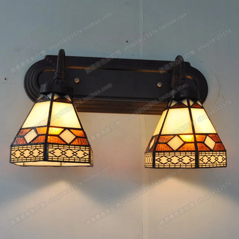 double glass wall mirror with retro decorative lamps for garden