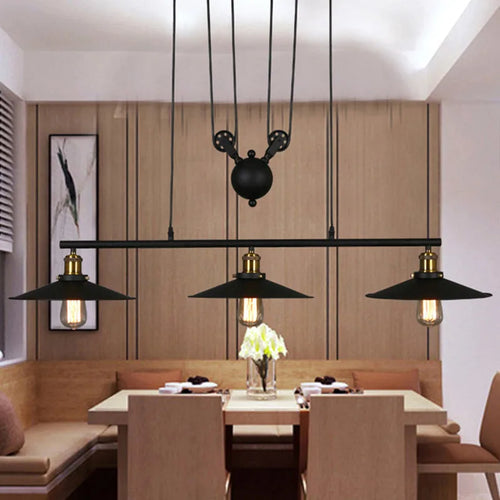 Vintage industrial 3-head iron pulley pendant light - vue 2 sur 8