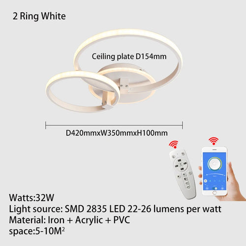 Modern led chandelier with rings, remote/app control, 1–5 rings, black or white - vue 10 sur 16