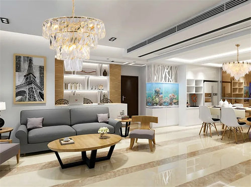 Round gold steel chandelier with crystal LED lighting - vue 5 sur 8