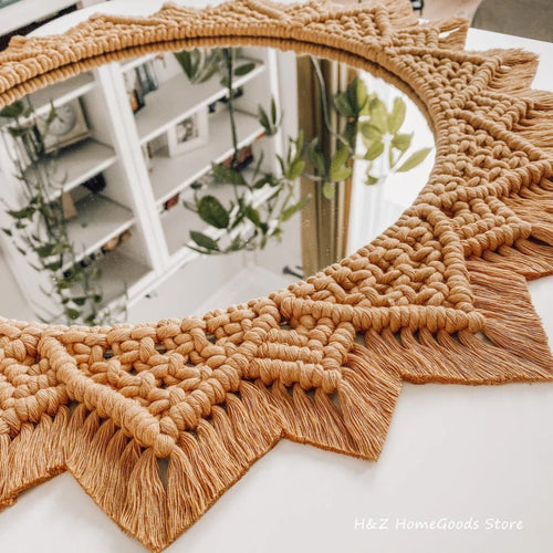 decorative macrame mirror bohemian style for interior decoration - vue 3 sur 11