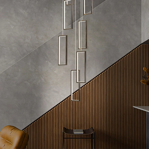 Modern rectangular copper LED chandelier for staircases and lofts - vue 4 sur 15