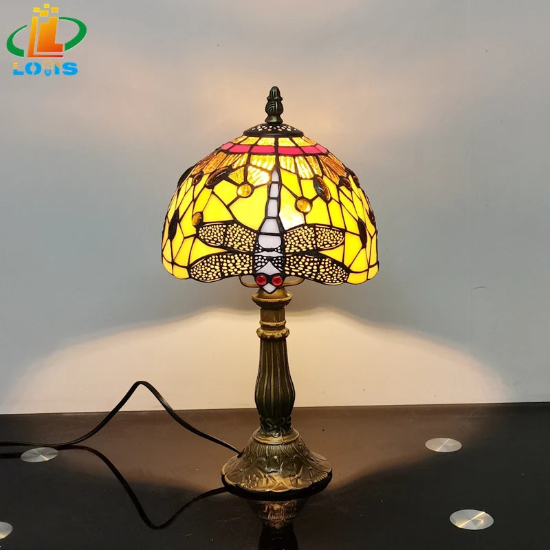 Antique enamelled tiffany table lamp for children with metal base