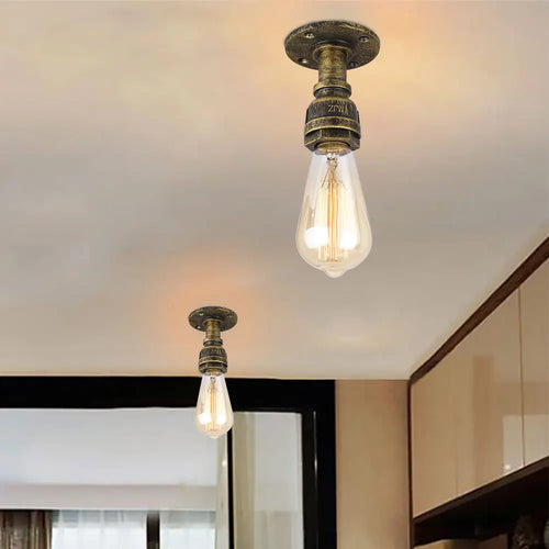 Retro industrial iron pipe ceiling light, vintage E27 surface mounted loft fixture - vue 4 sur 10