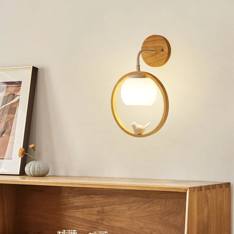 Nordic wooden wall light with creative LED bird