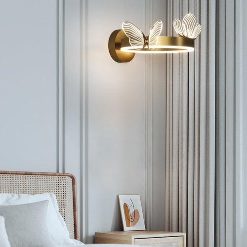 Contemporary round metal LED wall light butterfly design - vue 4 sur 6