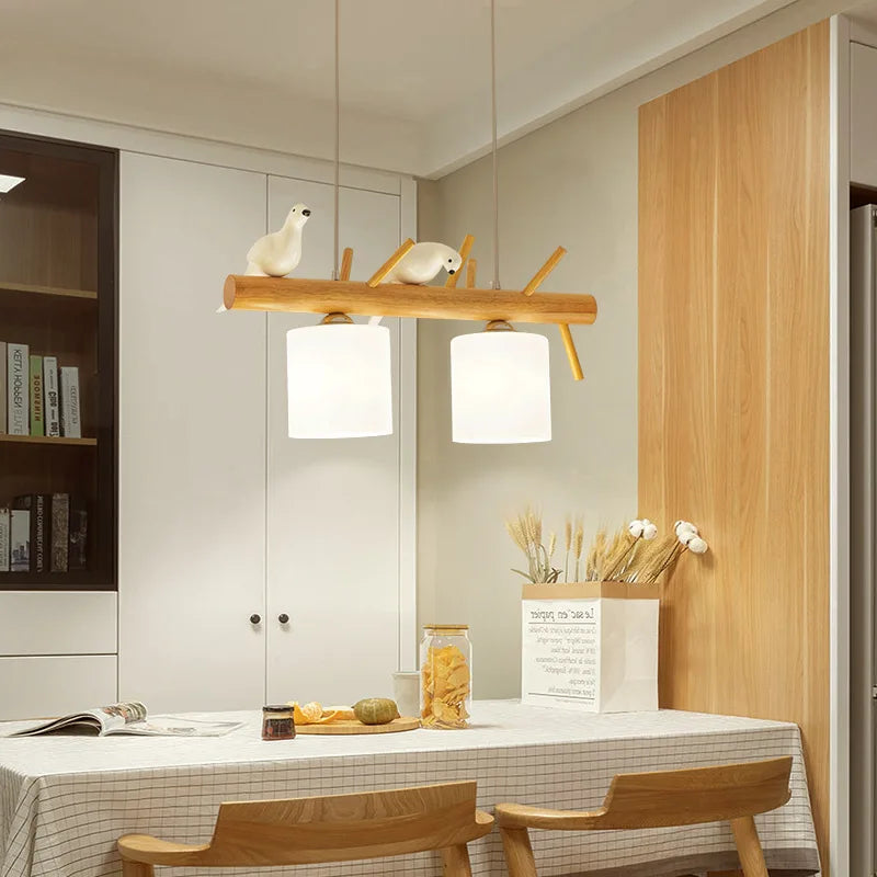 Nordic wood chandelier with glass bird lighting, 2 or 3 heads