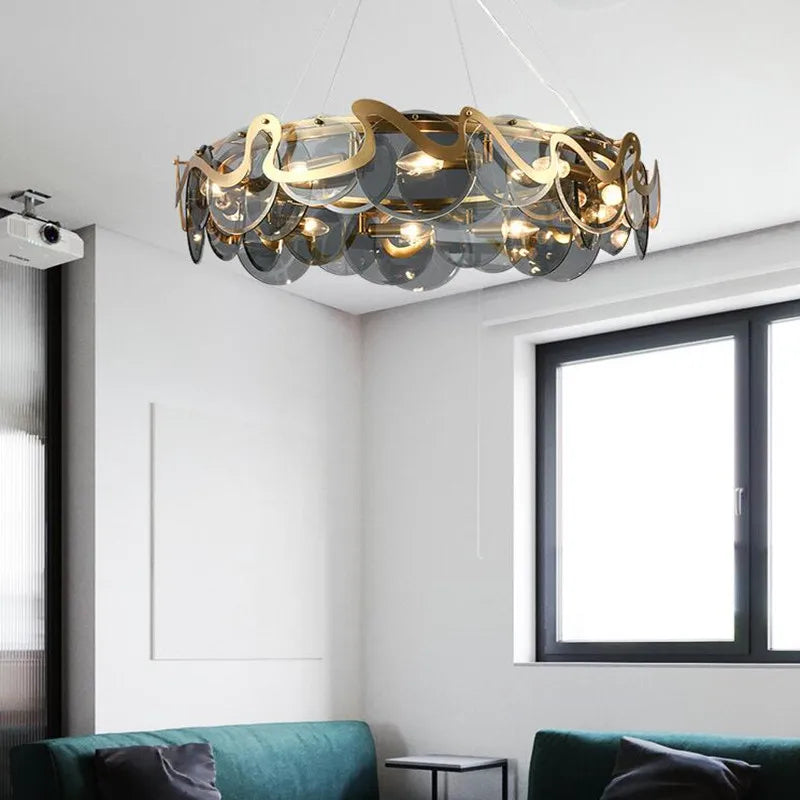 Round glass and iron chandelier for indoor lighting - vue 3 sur 12