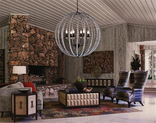 Round rustic retro chandelier in white iron with wood beads - vue 7 sur 11