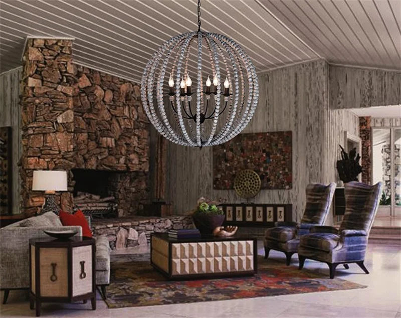 Round rustic retro chandelier in white iron with wood beads - vue 6 sur 11