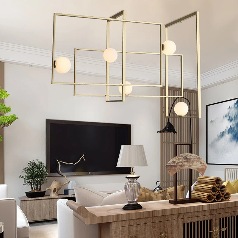 Modern LED chandelier with innovative design gold frame glass globe - vue 4 sur 8