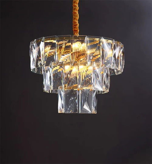 Round gold steel chandelier with crystal LED lighting - vue 8 sur 8