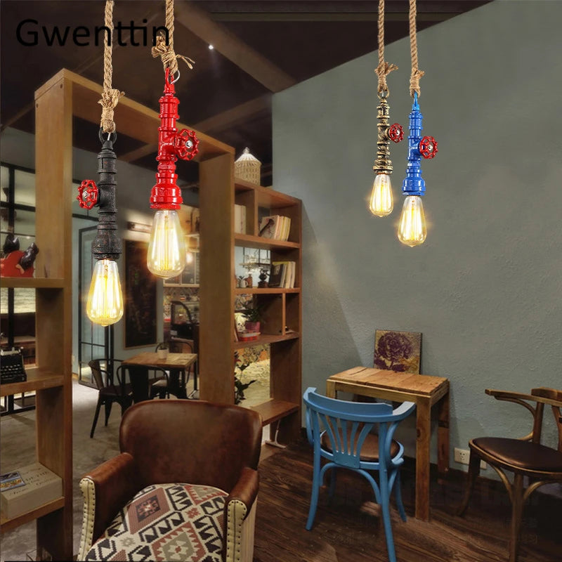 Vintage steampunk pendant light in industrial pipe and hemp rope
