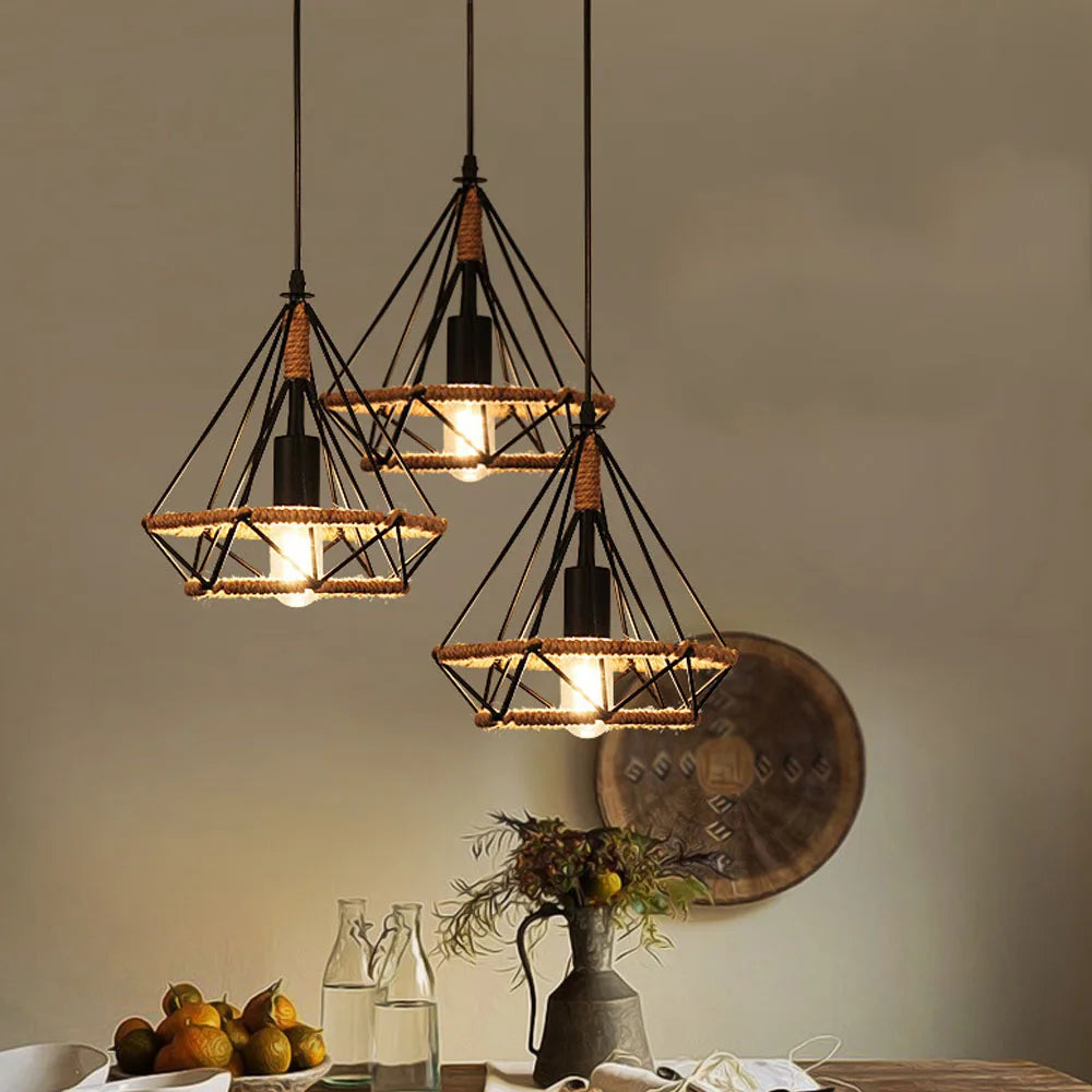 Retro pendant light in hemp rope and vintage metal