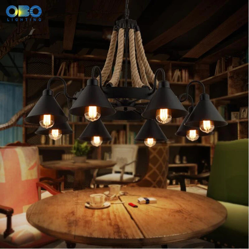 Vintage hemp rope chandelier with iron lampshade for bars and cafés - vue 6 sur 28