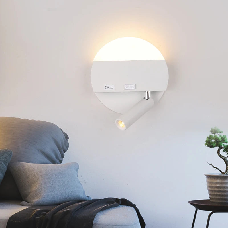 Minimalist ultra-slim indoor LED wall light with round spotlight switch, super bright for hotel or bedroom decor