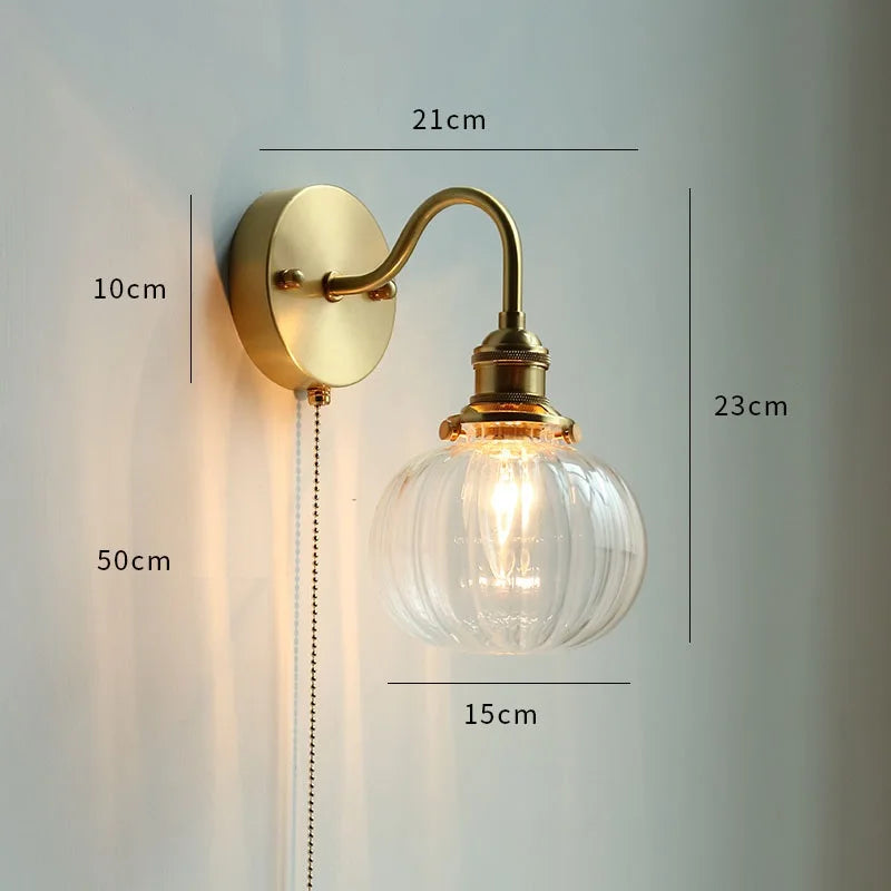 Modern glass LED wall light with pull chain switch for bathroom and bedroom, nordic copper - vue 16 sur 23