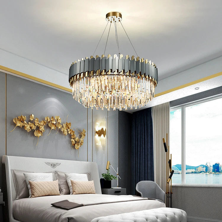 Elegant and modern art deco chandelier in stainless steel and crystal