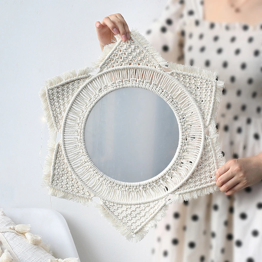 Boho-style macramé wall mirror for interior decoration - vue 11 sur 14