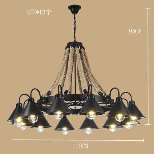 Industrial style ironwork and hemp rope chandelier - vue 9 sur 14