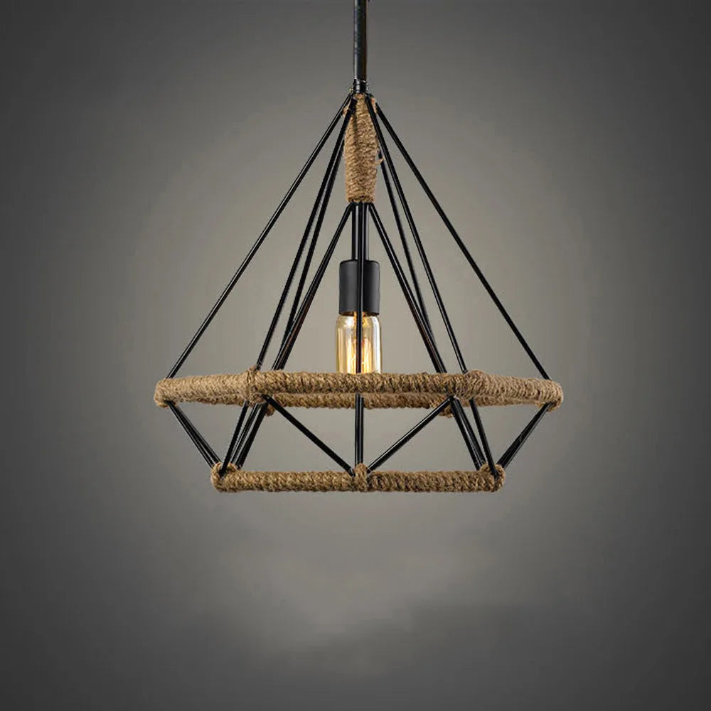 Retro pendant light in hemp rope and vintage metal - vue 4 sur 4