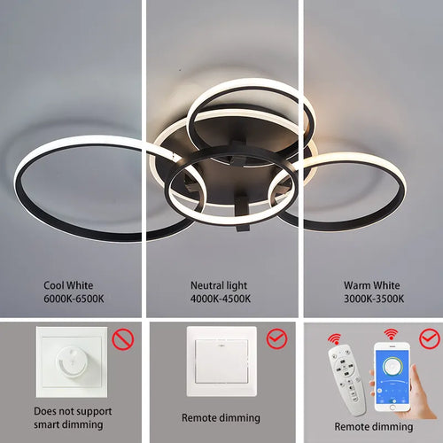 Modern led chandelier with rings, remote/app control, 1–5 rings, black or white - vue 7 sur 16