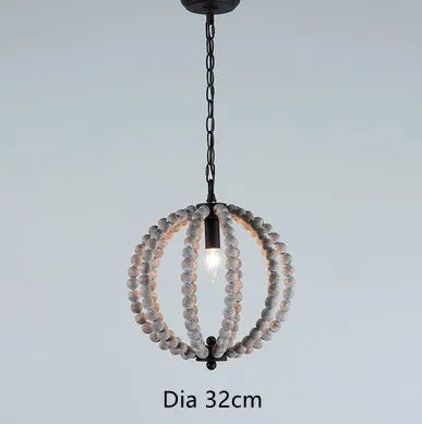 Round rustic retro chandelier in white iron with wood beads