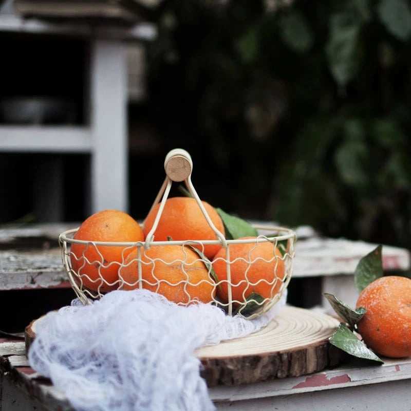 Retro metal basket with wooden handle multifunctional for storage