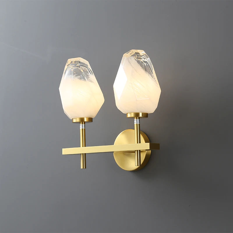 Designer glass and gold copper wall light for interiors